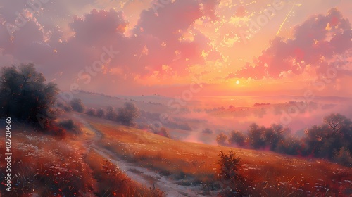 A serene sunrise over a misty landscape  bathed in soft pink and orange hues