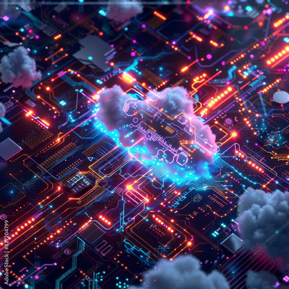 Fototapeta premium Quantum Computing Cloud Quantum computer visuals with cloud effects and text space