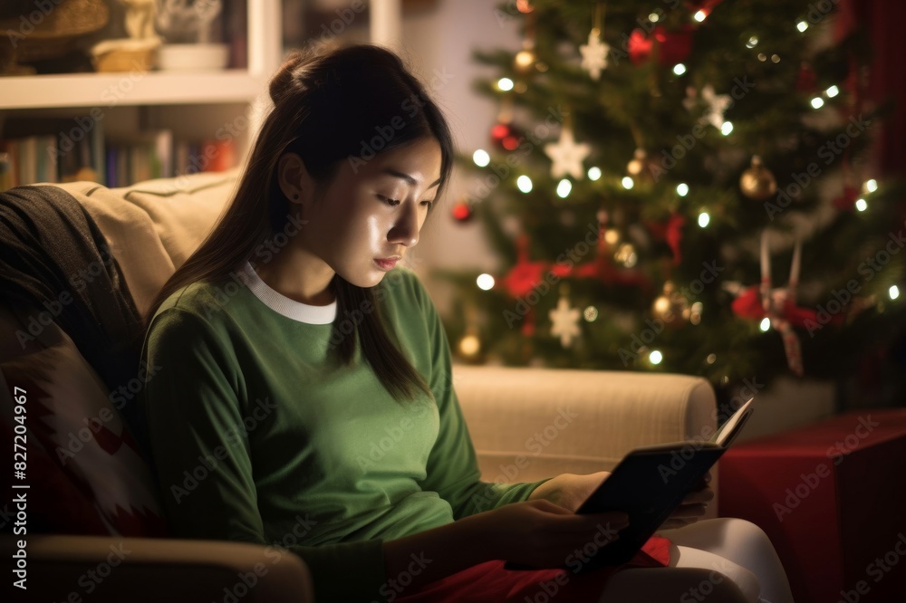an asian woman who spent christmas or new year alone away while using a digital tablet at her apartment an asian woman who spent christmas or new year alone away while using a digital tablet at her apartment