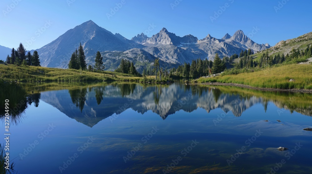 Tranquil and serene mountain lake reflection in the untouched alpine wilderness with clear sky and panoramic view