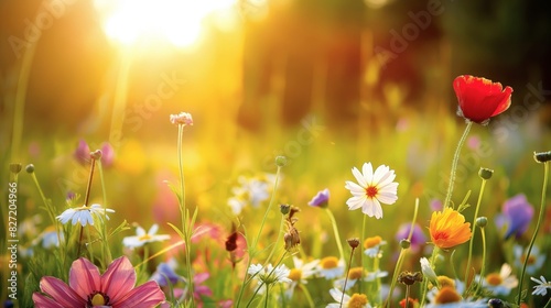 Tranquil meadow scene with a variety of wildflowers basking in the warm glow of the setting sun