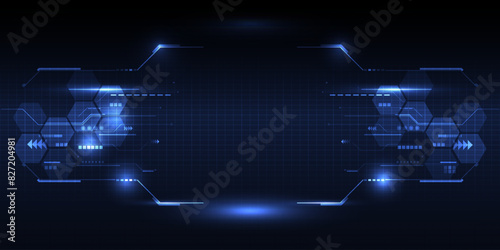 Abstract futuristic digital technology background with grid line field copy space and futuristic digital circuit frame for layout and product showcase.