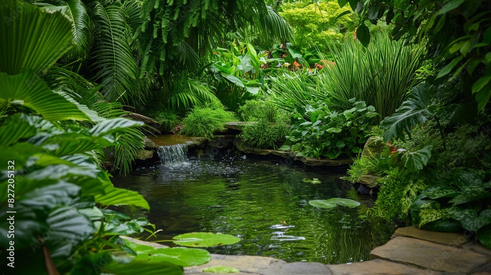 Obraz premium Tranquil, picturesque pond surrounded by vibrant foliage, small waterfall, and exotic plants