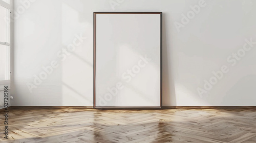 Ultra HD 3D rendered mockup of a blank frame in a room with a white wall and an engineered wood floor. Modern  high-quality image.