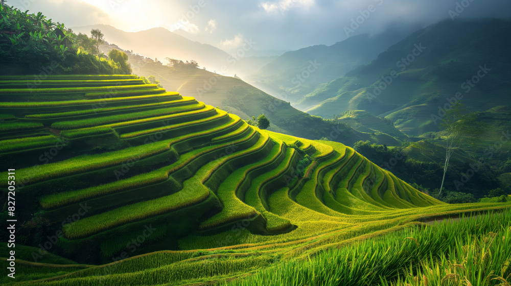 Breathtaking view of a tranquil rice terrace cascading down vibrant green hills, bathed in morning light