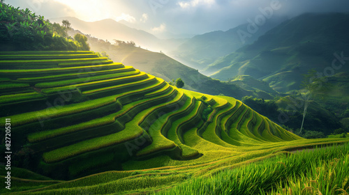 Breathtaking view of a tranquil rice terrace cascading down vibrant green hills  bathed in morning light