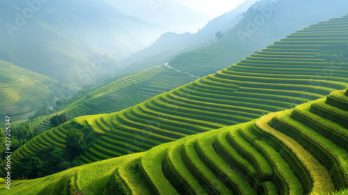 Serene landscape of cascading rice terraces bathed in soft light with vibrant green hues