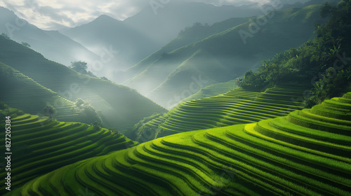 Breathtaking view of a tranquil rice terrace bathed in morning light amidst a mountainous backdrop photo