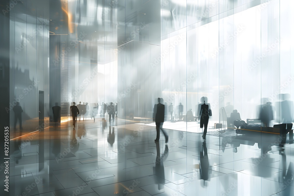 Cinematic Long Exposure Capture of a Dynamic Office Lobby with Blurred Workers in Motion