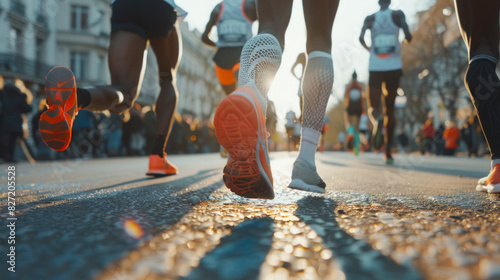 Fototapeta Naklejka Na Ścianę i Meble -  African American Runners in a marathon race. Athletes participating in a long-distance race. Concept of fitness, sports event, outdoor competition, physical endurance