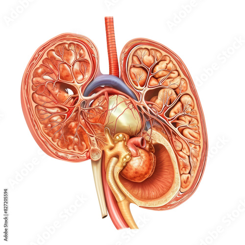 Detailed Illustration of Human Urinary System Anatomy, Highlighting Kidney Structure and Function. photo