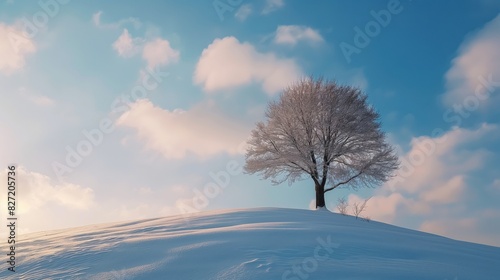 Captivating photo capturing a lone tree silhouetted against the serene backdrop of a snowy hill and a soft sky