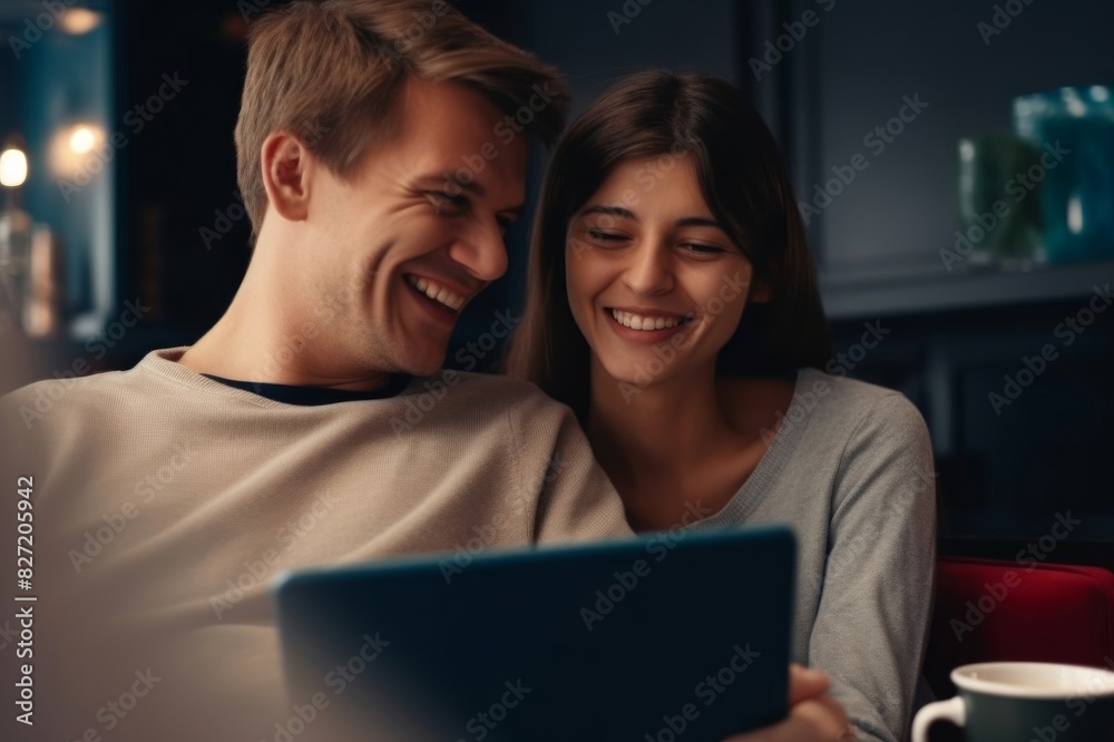 Beautiful Loving Couple Having Fun While Using Digital Tablet in a Cafe Beautiful Loving Couple Having Fun While Using Digital Tablet in a Cafe