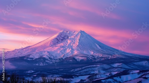 Scenic view of a majestic snowy mountain peak bathed in soft pink hues of sunrise