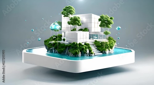 3D mockup features white cube house defying gravity, floating above lush green island paradise, Enveloped by trees and clear blue water, it exudes serenity and charm