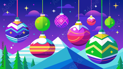 Vibrant Christmas ornaments against a starry night background. Nighttime holiday scene with colorful baubles and stars. Glowing Christmas decorations in a magical winter night