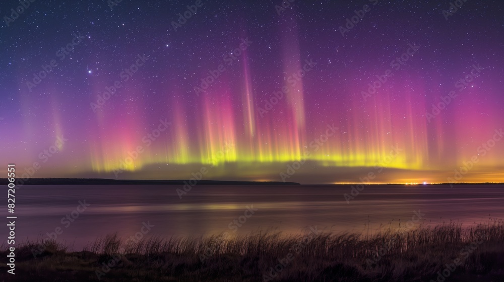 Breathtaking display of the northern lights in vivid colors stretching above a serene lake under starry skies