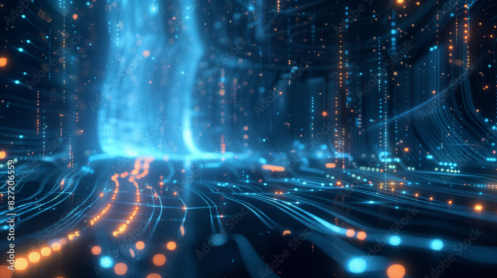 Obraz premium Futuristic digital wave of blue particles in a dynamic data stream，Blue technological rays, lines