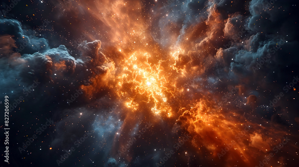 Fototapeta premium Dramatic Supernova Explosion with Fiery Plasma Eruptions and Cosmic Turbulence in a Retro-Futuristic Sci-Fi Observatory Setting