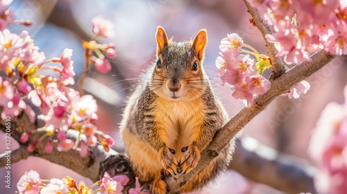 Cute furry squirrel enjoying the vibrant springtime amidst pink blossoms on a tree branch in the serene and tranquil outdoor natural light environment
