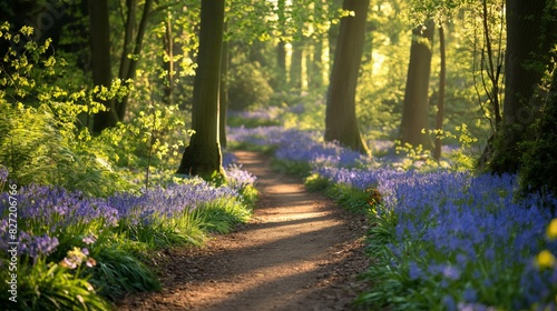 Tranquil sun-dappled pathway meanders through a forest blooming with vibrant bluebell flowers in springtime light