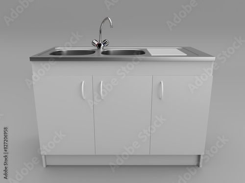 Évier, robinet et meuble sous évier.