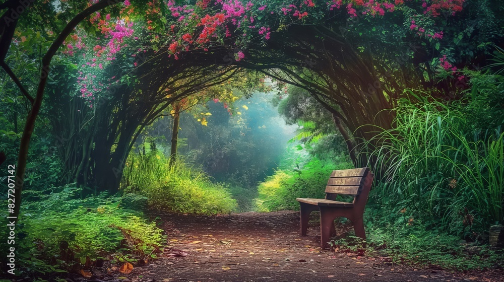 Serene forest scene with a wooden bench nestled under a natural archway of lush foliage and blooming flowers Serene forest scene with a wooden bench nestled under a natural archway of lush foliage and blooming flowers