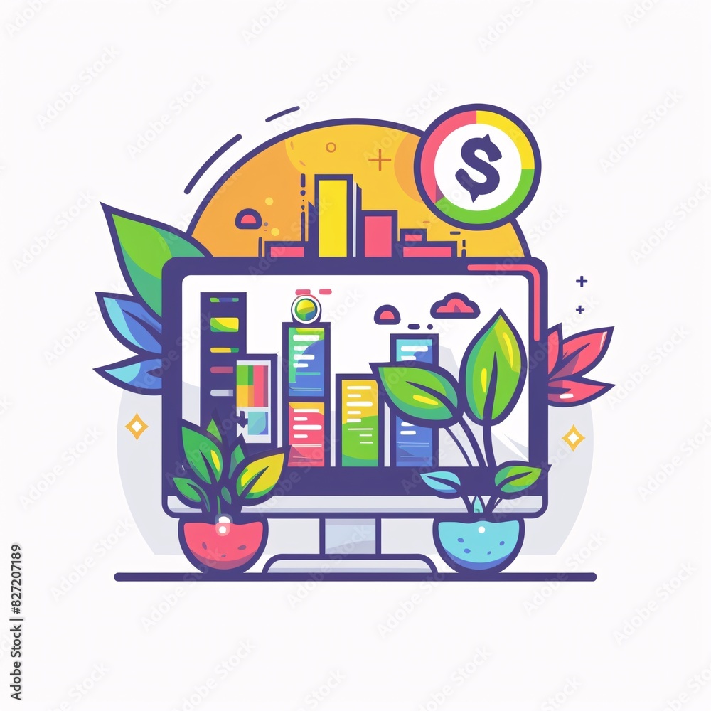 Fototapeta premium A flat illustration of investing in stocks, designed in a bright color scheme on a white background