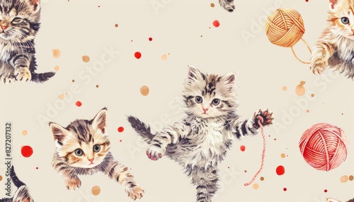 Seamless pattern of playful kittens and yarn balls