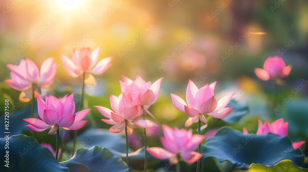 Tranquil scene of vibrant pink lotus flowers basking in the warm glow of the setting sun