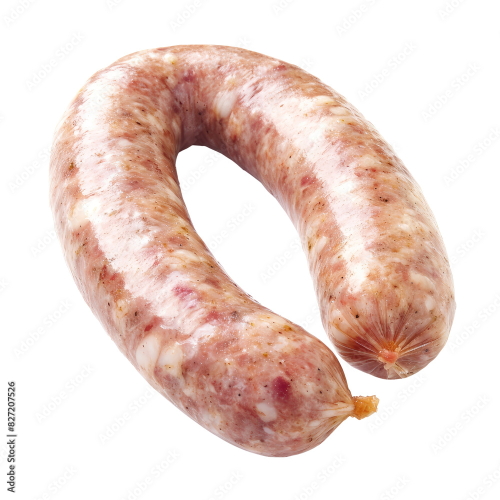 Single raw bratwurst sausage with speckles of spices, set against a neutral backdrop, concept of traditional German cuisine and food preparation Single raw bratwurst sausage with speckles of spices, set against a neutral backdrop, concept of traditional German cuisine and food preparation