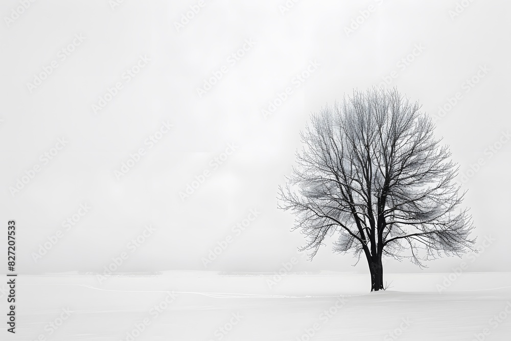 A minimalist composition of an isolated tree in the middle of a snowy field A minimalist composition of an isolated tree in the middle of a snowy field