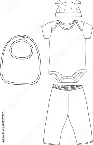 boys bodysuit with cap & bib artwork print Vector art 