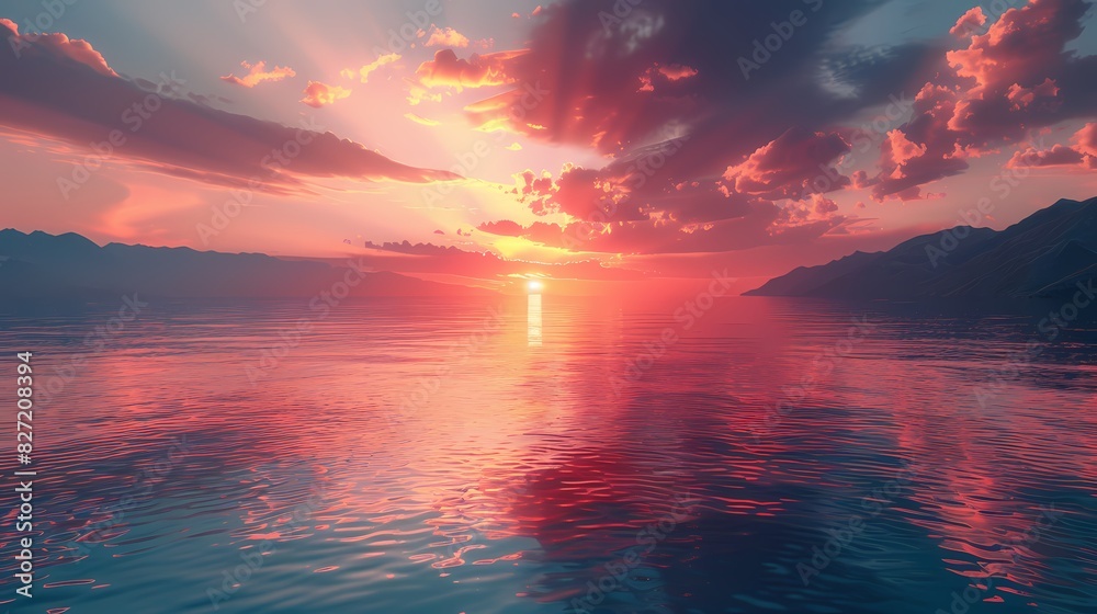 A serene sunset over calm waters, the sky filled with soft, pastel hues of pink and orange