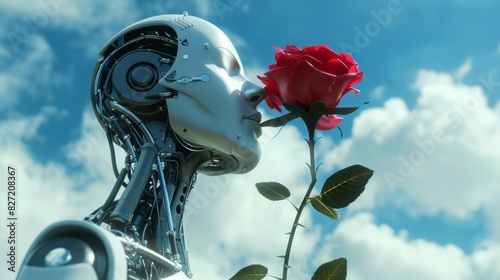 A robot sniffing a rose represents the relationship between nature and technology.