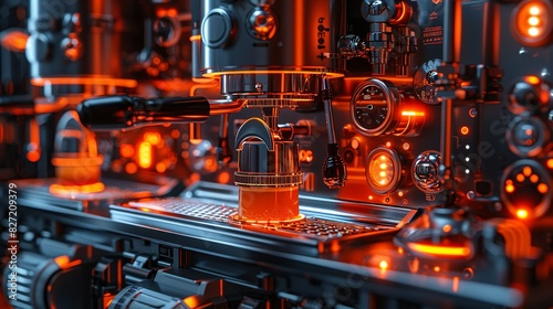 A vibrant 3D illustration of a high-end espresso machine, with its intricate components and shiny surfaces, set against a simple background to focus on its details. © DARIKA