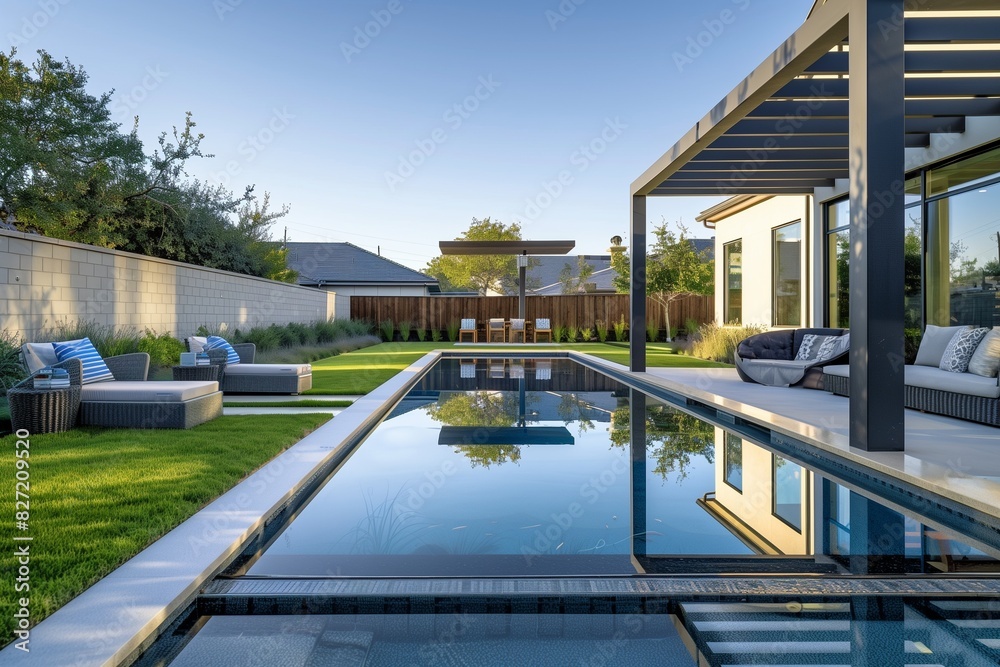 Fototapeta premium : A serene backyard featuring a crystal-clear pool with a waterfall feature, complemented by minimalist landscaping and soft LED lighting along the pool's edge,