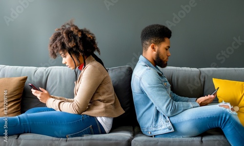 Modern Disconnection Two Individuals Engrossed in Smartphones, Sharing a Sofa, Yet Emotionally Apart.