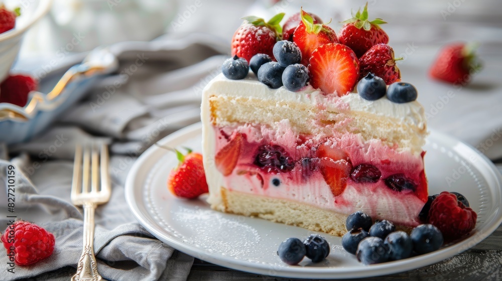 Close up of slice of berry cake with blueberry and strawberry topping on white plate. generative AI Close up of slice of berry cake with blueberry and strawberry topping on white plate. generative AI