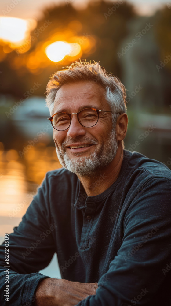 A portrait of a happy middle-aged man with grey hair and a short beard, smiling at the camera while sitting by a lake in a park during the golden hour. A portrait of a happy middle-aged man with grey hair and a short beard, smiling at the camera while sitting by a lake in a park during the golden hour.
