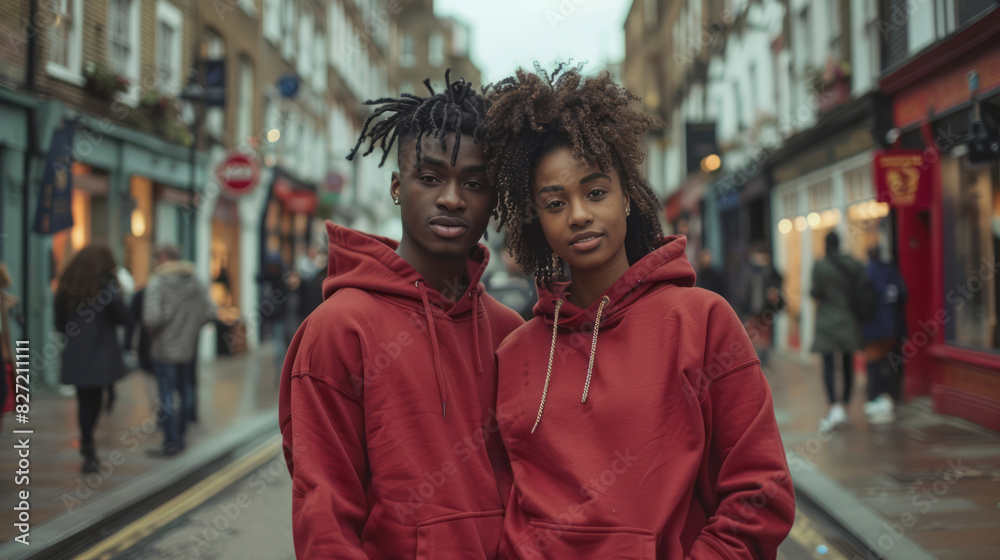 A young man and woman wearing maroon blank hoodies standing on the street, with an urban cityscape with buildings and people walking in the background. A young man and woman wearing maroon blank hoodies standing on the street, with an urban cityscape with buildings and people walking in the background.