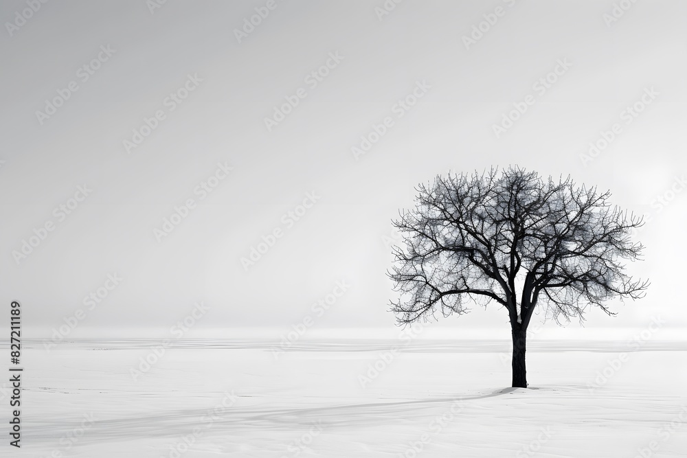 Fototapeta premium A minimalist composition of an isolated tree in the middle of a snowy field