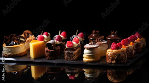 Various bakery cakes with fruit and chocolate  cream  black background  isolation. AI generated.
