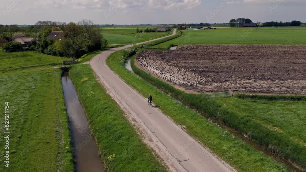 Aerial View: Man Cycling through Friesland's Meadows on a Sunny Day with Beautiful Clouds Aerial View: Man Cycling through Friesland's Meadows on a Sunny Day with Beautiful Clouds