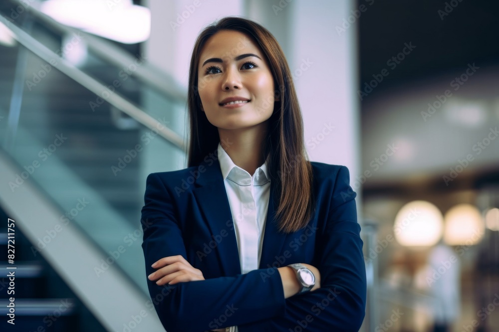 happy beautiful businesswoman with arms crossed leaning on railing at office happy beautiful businesswoman with arms crossed leaning on railing at office