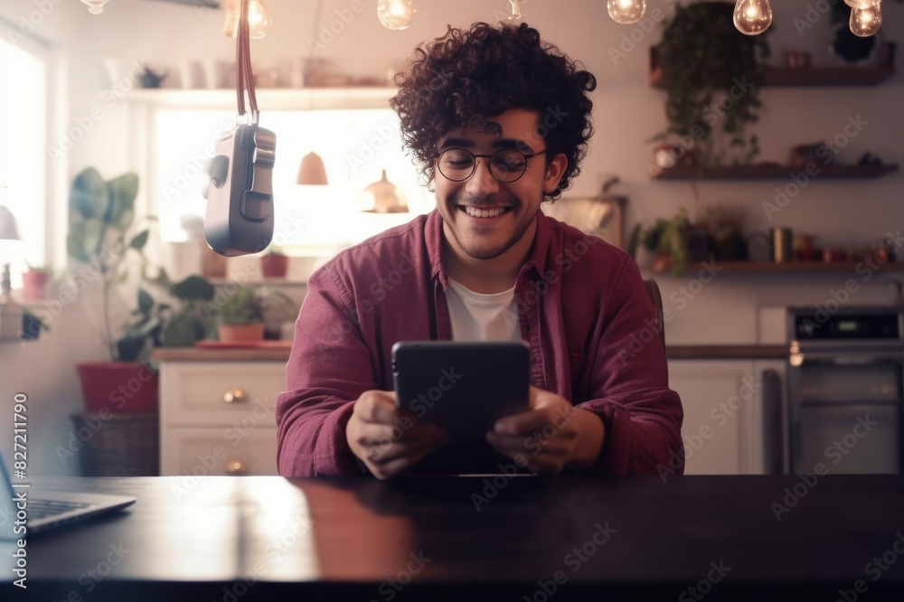 happy freelancer with laptop using smart phone at home happy freelancer with laptop using smart phone at home