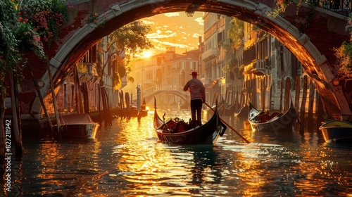 A blank-style design of an elegant gondola in Venice, with a gondolier rowing through narrow canals under stone bridges