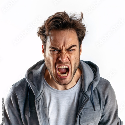 A full-body image of a 35-year-old man with brown hair expressing anger. He stands against a plain white background, conveying a strong emotional response © Archibalttttt