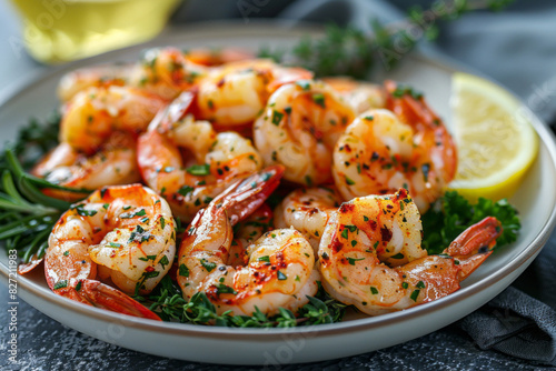 A plate of shrimp, showcasing their golden brown shells and vibrant pink colors inside, garnished with fresh herbs.