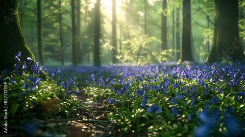 A forest floor carpeted in bluebells photo